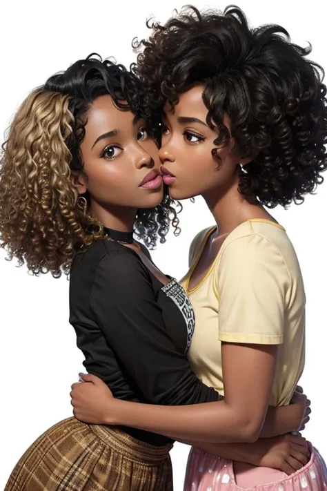 Make a black woman with curly hair 3c blond ,  kissing a brown woman with short wavy and black hair in Disney Pixar style