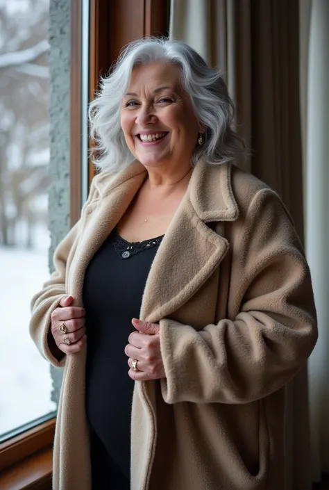 A one fashionable an older woman, 80years old, older, 1 plus size model, sexy and hot, chubby, silver wavy hair, huge boobs, xxxl big boobs, xxxl hips, wide hips, wide thigh , fashion model, nice face, bold makeup, smile, wrapped in a luxurious cashmere ca...