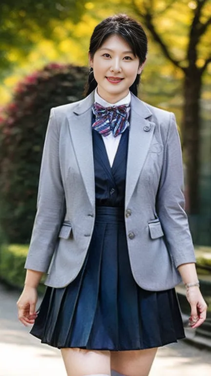 japanese milf,55 years old, white skin,(curvy body, big chest, plump thighs:1.5),(collared shirt,striped bowtie, blazer, jacket,...