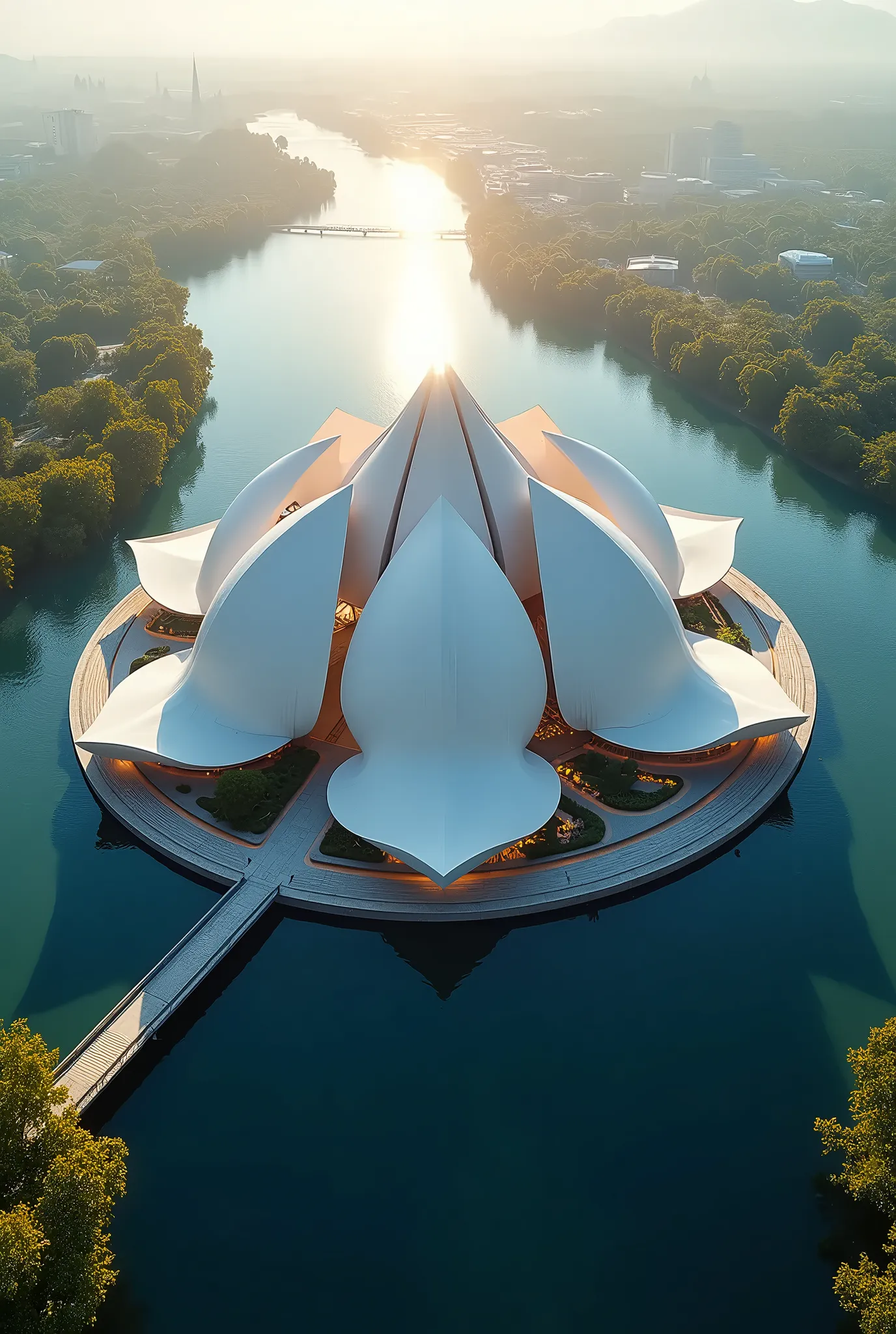 Photography, architecture, aerial shot, len flare, a futuristic lotus shaped museum, river surrounding, white theme, sunlight, light flare, high-key lighting, vibrant lighting, epic theme 