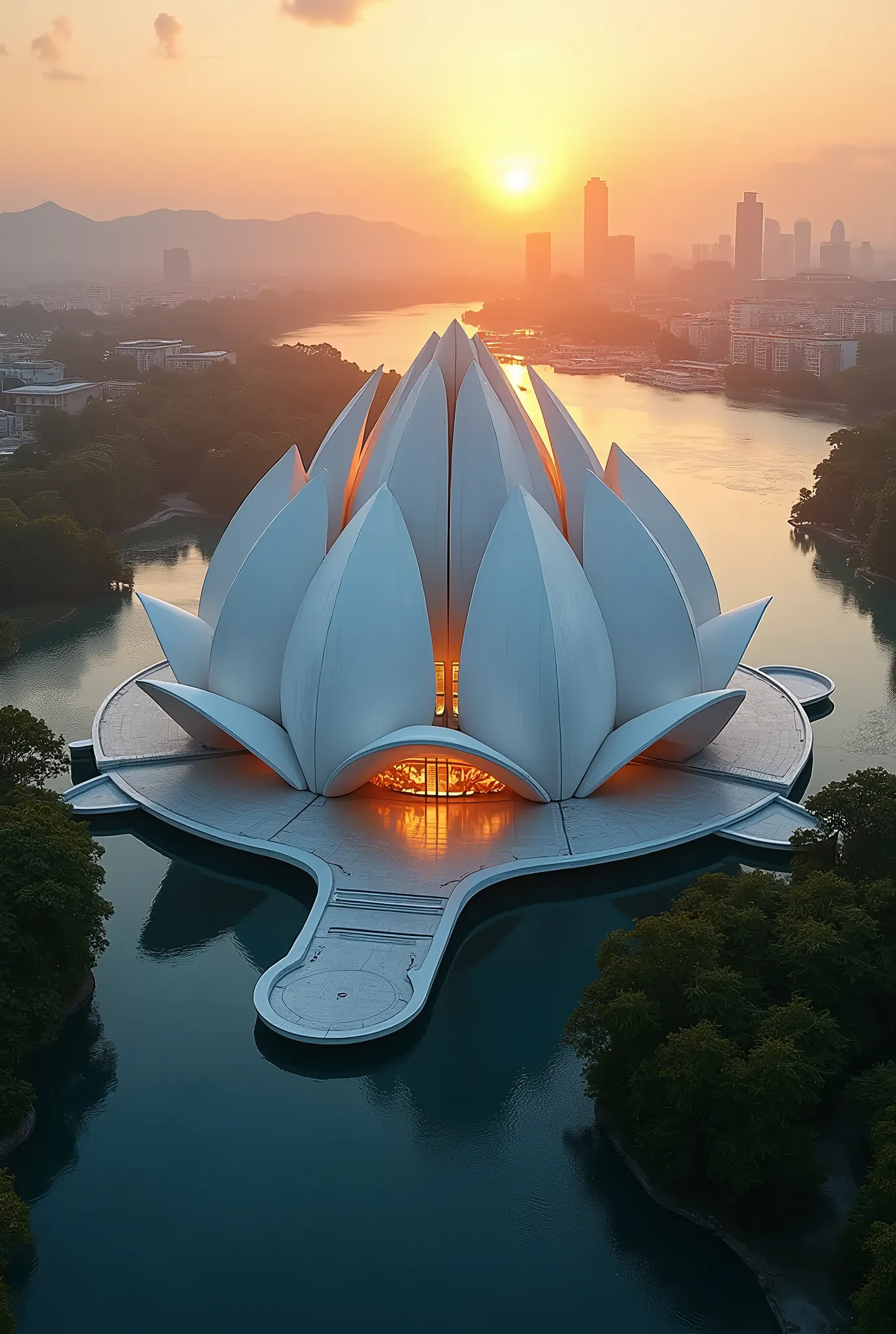 Photography, architecture, aerial shot, len flare, a futuristic lotus shaped museum, river surrounding, white theme, sunlight, light flare, high-key lighting, vibrant lighting, epic theme, center of image have text "2100" in futuristic font 