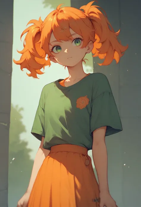 orange pigtails hair girl with green eyes wearing orange shirt with redish orange skirt