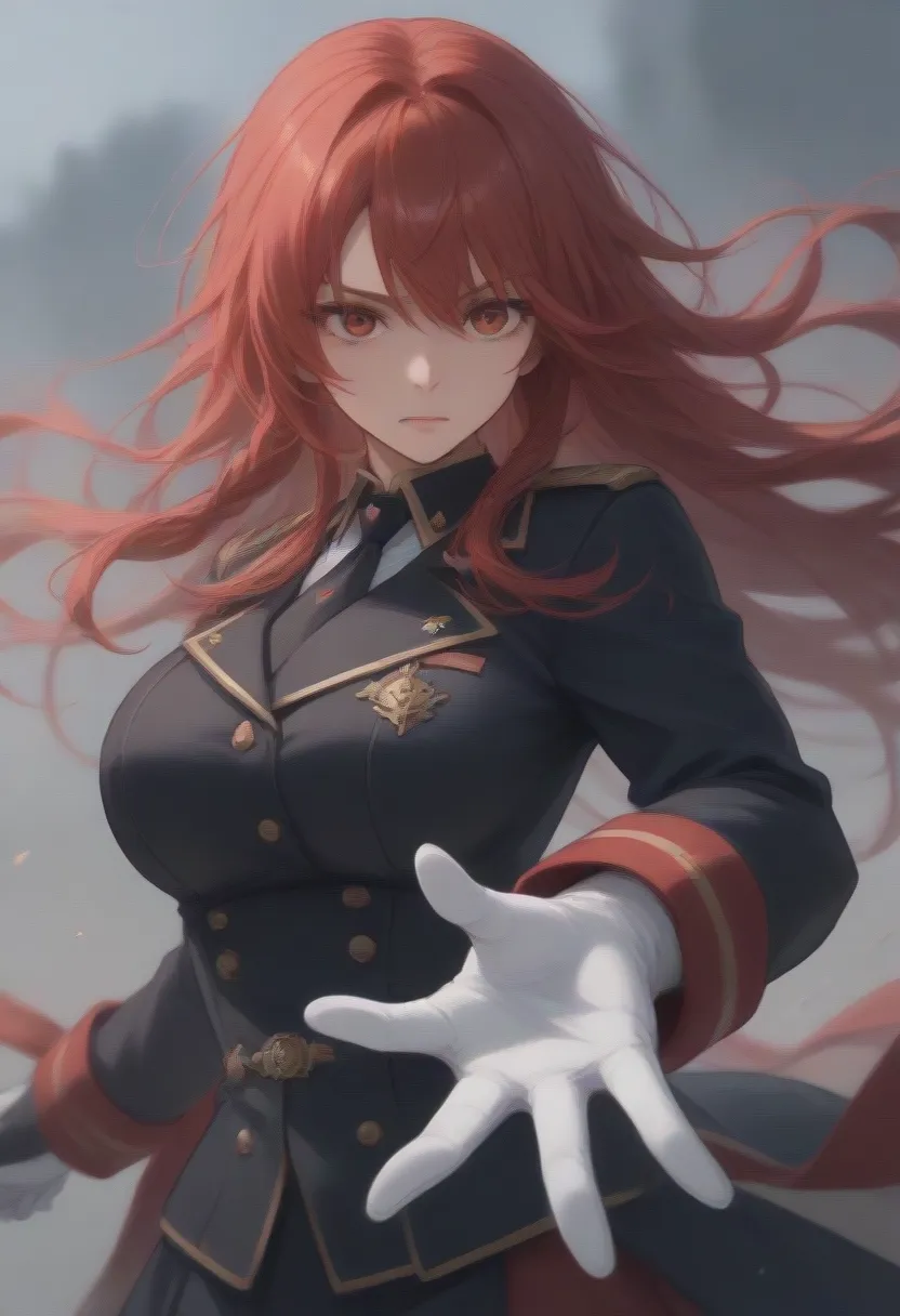 iris midgar, long hair, red eyes, braid, red hair, skirt, gloves, long sleeves, jacket, necktie, white gloves, uniform, military...