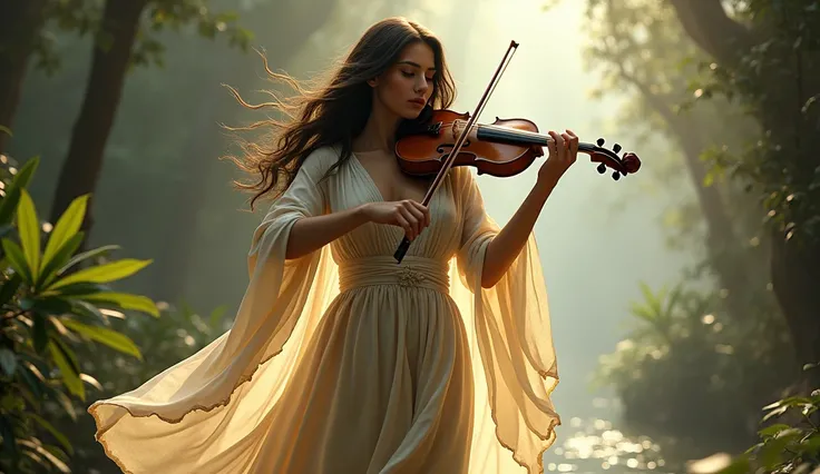 Mulher Anja gospel ,  dark hair clothing, using dress, torn cloak, Playing the violin in a heavenly, well-lit paradise-like place
