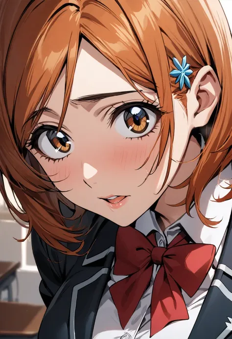 1girl, inoue orihime, bleach,school uniform,blazer,white collared shirt,pleats skirt,bowtie,classroom,takin her seat,captivating eyes,sensual atmosphere,close up face,masterpiece, best quality, absurdres,
