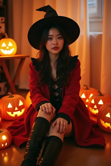 A beautiful korean k pop idol sitting on floor room, celebrating Halloween, Halloween costume, Halloween background