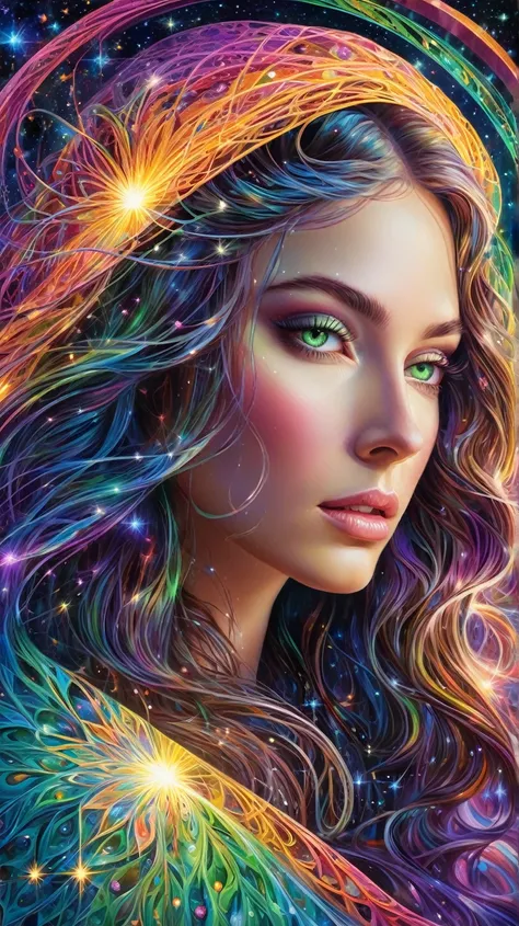 Masterpiece, best quality, ultra-high resolution, extremely detailed, (psychedelic art: 1.4), fair woman, crystal green eyes, wavy hair on one side of her head, veil, visually stunning, beautiful illustration, a small  in her arms , cosmic space background...