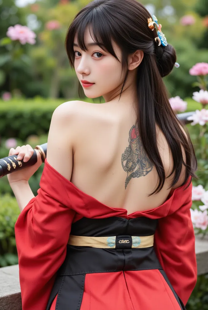 masterpiece, highest quality, highest quality, official art, beautiful and aesthetic:1.2),1 girl, tattoo, alone, kimono, red and...