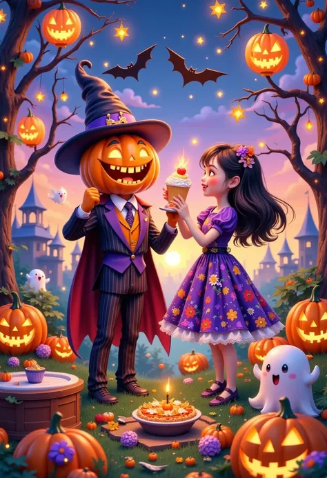 pumpkin king and sally celebrating halloween in a vibrant pop art style world, autumn sunset sky, sally in floral dress decorati...