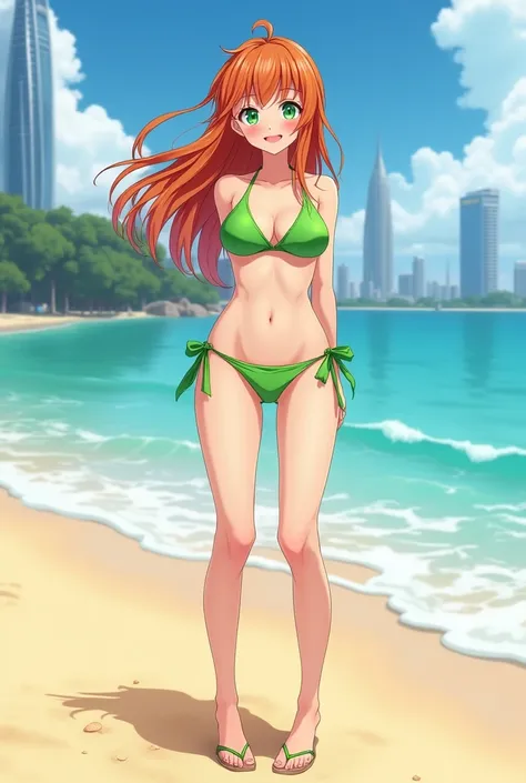 Young anime woman standing outside on the beach near futuristic city, with long gathered ginger hair and green eyes, wearing bright green triangle bikini top and bright green tie-side bikini bottoms, wearing beach slippers, looking with smile