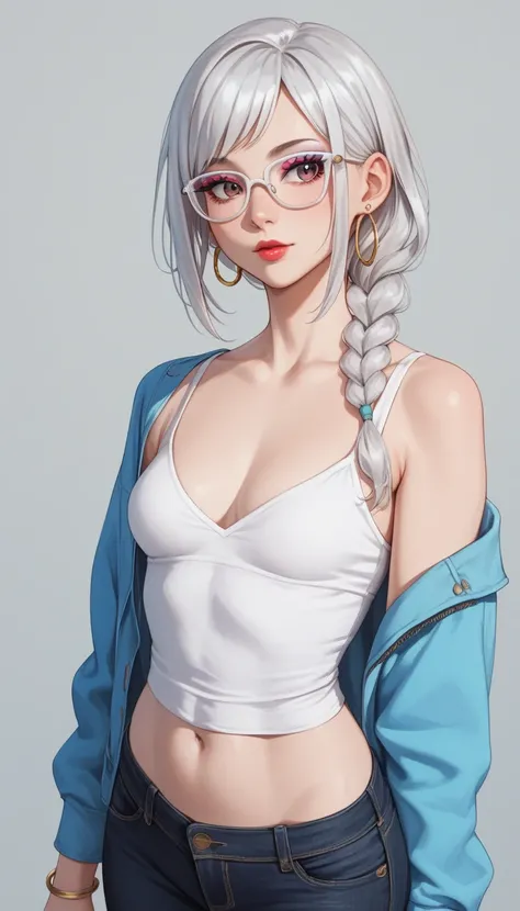 Hot beautiful mei mei,wearing a provocative white top,blue casual jacket, black jeans,  long silver hoops earrings, lipstick, white hair, small saggy breasts, cleavage ,wavy straight medium hair,makeup,white Glasses frame, bracelet,rings,tall,makeup,twin h...