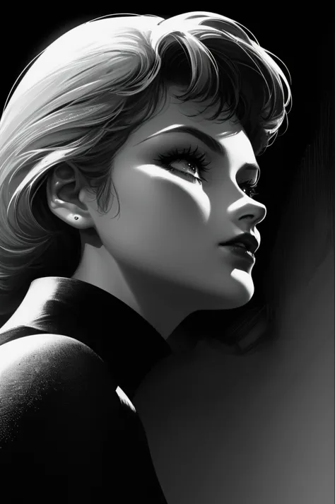 a highly detailed minimalist illustration of a woman in line art style. the image is black and white, with a stark contrast that...