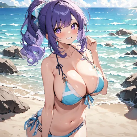 yanamianna, medium hair, ahoge, large breasts,blue hair, (ponytail:1.2), smile, bikini, triangle bikini, grab belly, summer, beach, ocean, looking viewer, from front, best quality, high quality, ultra-detailed, detailed clothes, high resolution, detailed b...