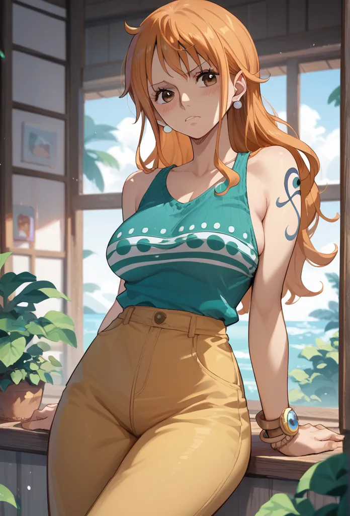 1 girl, 20 years old,  blush,   medium breasts  , sleeveless, nami aus one piece milf