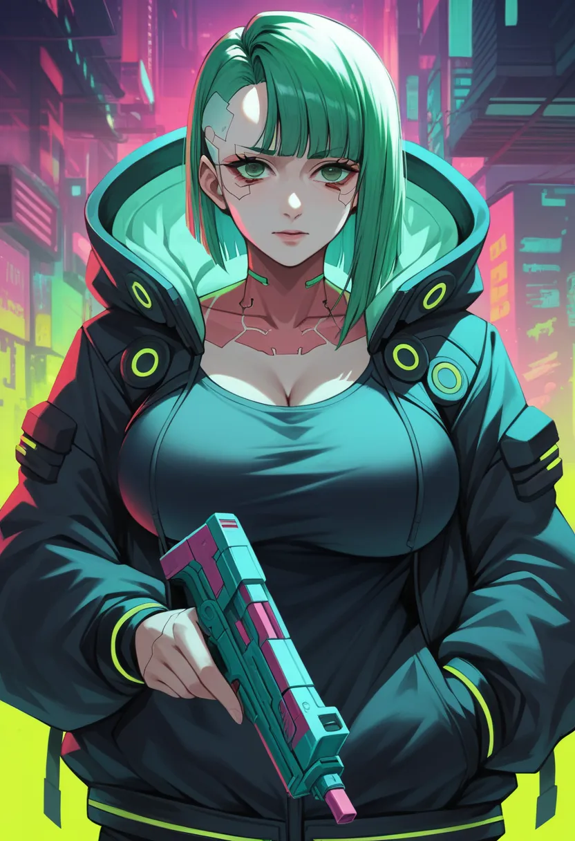 a woman with green eyes and a black jacket holding a gun, anime cyberpunk art, cyberpunk anime girl, best anime 4k konachan wall...