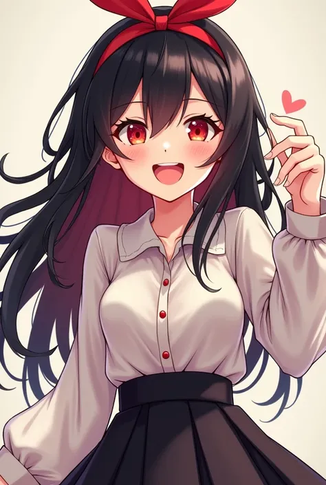  best quality, masterpiece, black hair,  red eyes, Browse , Upper body, cute, pleated skirt shirt, laugh, red hair