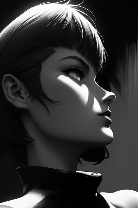 a realistic , highly detailed monochrome illustration of one  woman with a bob cut and blunt bangs, wearing a black turtleneck ....