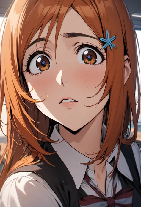 1girl, inoue orihime, bleach,long orange hair,school uniform,yellow sleeveless sweater,white collared long sleeve shirt,gray pleats skirt,bowtie,classroom,tilting head,curious face,captivating eyes,sensual atmosphere,close up face,masterpiece, best quality...