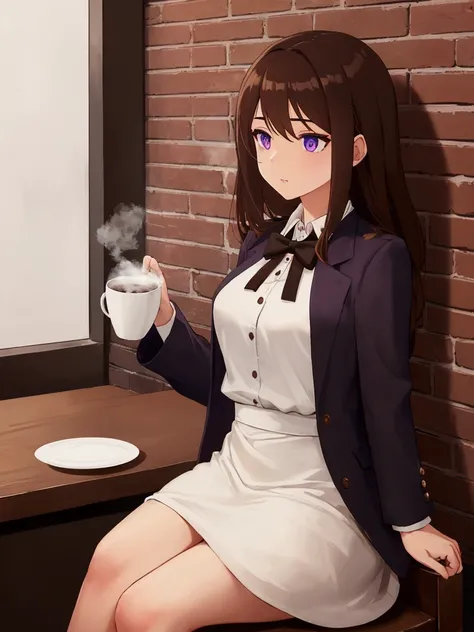 Brick-walled coffee shop , steaming coffee cup on table,porcelain coffee cup , is anatomically correct, high definition, dark brown hair,Purple Eyes, straight hair, white blouse, black skirt, light brown jacket 