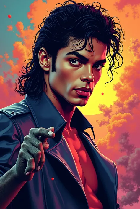 Create an image of Michael Jackson but with a pose of Thiller music, style of pop surrealism