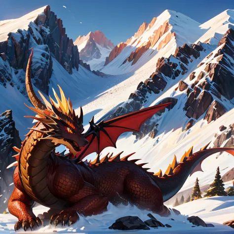 brown dragon　 snowy mountains　