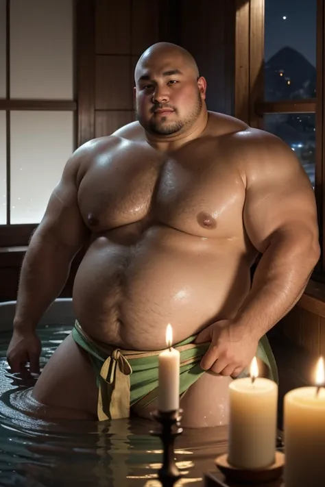 (8k, High image quality,  high quality,  high definition)  Attractive Chinese Man Bald Fat Eyes. obesity. Big belly.  Bathing in the tub .  Wears Loin Cloth . Medieval style. d & D Style.   Green and Brown Color Palette .  Candles Around the Tub .  Birthda...