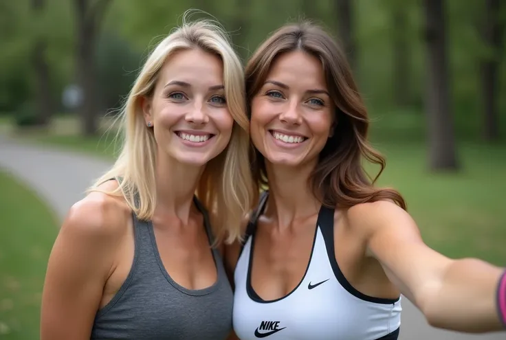  Blonde woman , Blue eyes, delgado,  curvy and large , perfect breasts ,   dressed in running clothes Nike ,  taking a selfie . Beside, his sister-in-law , A brown-haired woman, ojos marrones, and wearing Nike . 