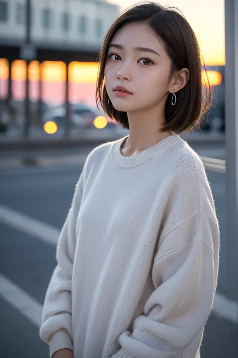 ((masterpiece)), ((photo realistic)), ((highest quality)),shiny eyes, Fair skin, puffy face, broad jawline,big beady eyes, well-proportioned Japanese girl, 15years old,  looking up at the sky , (no make-up:1.2) , glowing silver light brown hair, (messy sho...