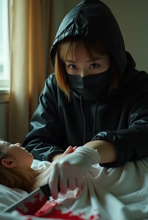 korean girl, (behind cadaver, black surgical mask), stabbing, holding knife, white latex gloves, bloody room, black raincoat, black wet suit, hood up, bloody knife, latex gloves, woman, behind cadaver, blood splatter, on the bed, girl only, looking at view...