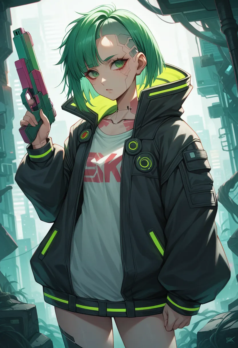 a woman with green eyes and a black jacket holding a gun, cyberpunk anime art, chica anime cyberpunk, best anime 4k konachan wal...