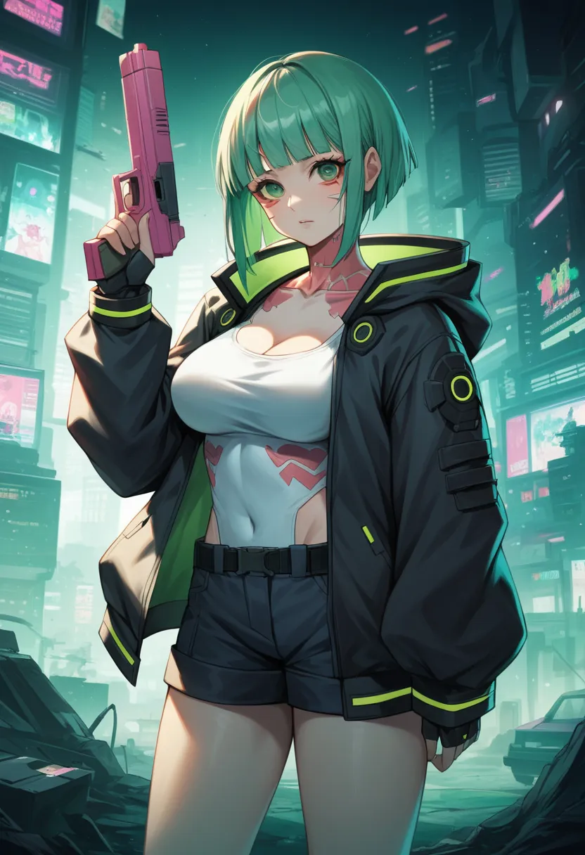 a woman with green eyes and a black jacket holding a gun, cyberpunk anime art, chica anime cyberpunk, best anime 4k konachan wal...