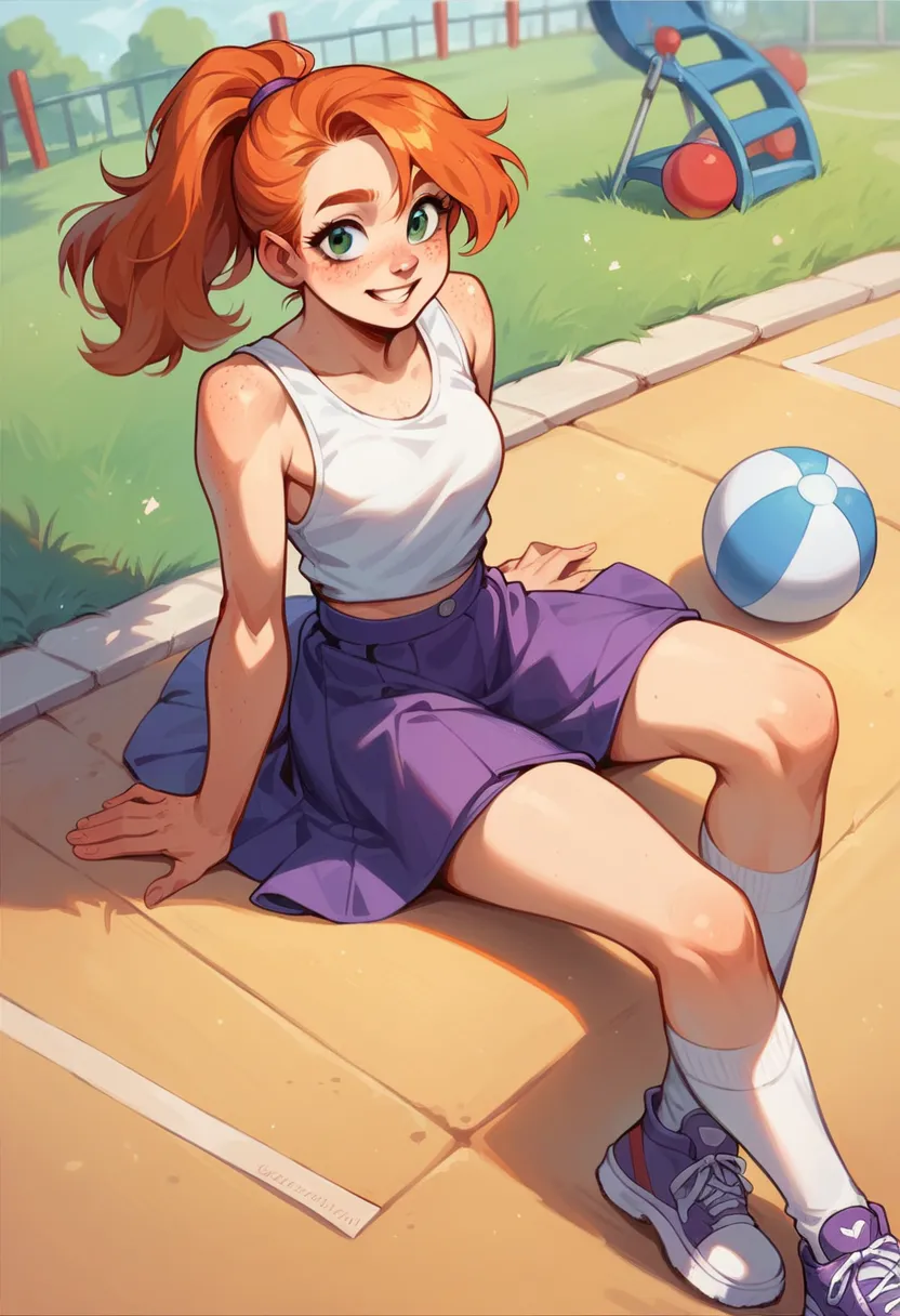 little and innocent cute very young ginger girl playing with a ball in a playground, wearing white tanktop and a purple skirt, d...