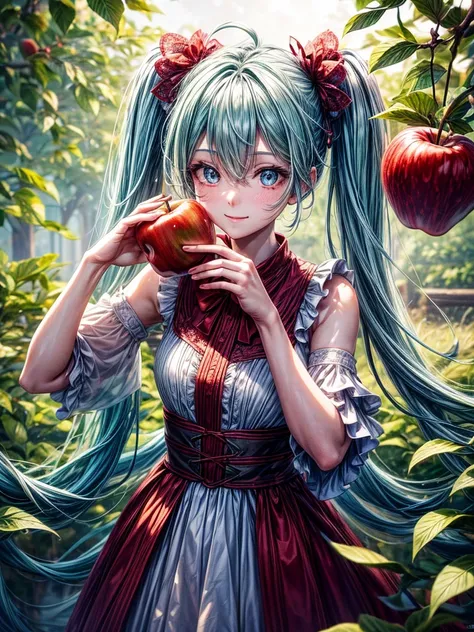 Under an apple tree, a cute girl holds a bright red apple near her face, smiling sweetly. Her outfit is adorable, with a touch of charm and innocence, as she stands among the lush green leaves and branches of the tree. The image is a close-up of her upper ...