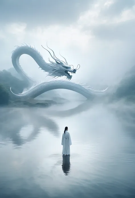 a white chinese dragon stares at a woman in a misty lake. clouds, thick fog, symmetrical composition, a woman in a white robe wa...