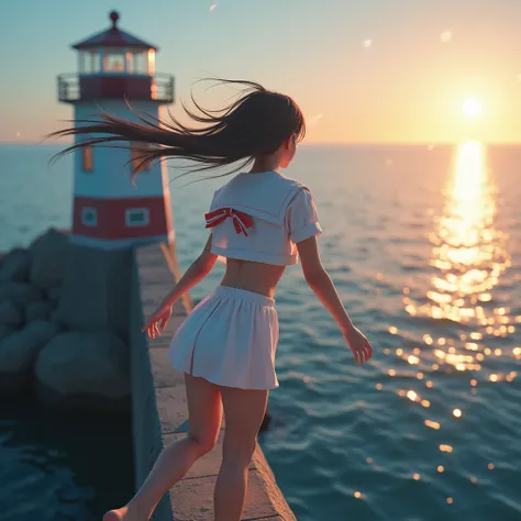 Haunting Live-Action, Extremely Detailed KAWAII JK Dive from Lighthouse on Breakwater. Magic Hour Miracle, Sparkling, LifeLike Rendering, MotionBlur, (XLabs F.1 Realism LoRA V1), White Sailor Uniform with Thongs, Red Ribbon Ponytail hair fluttering in the ...