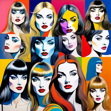 Top quality, mixed media art of pop art with head-to-shoulder sketches of beautiful girls drawn with perfect strokes, modern, urban, fashionable, detailed depiction of facial expressions, dull bangs, long hair, lips, eyelashes, t-shirts, inspired by Leonar...