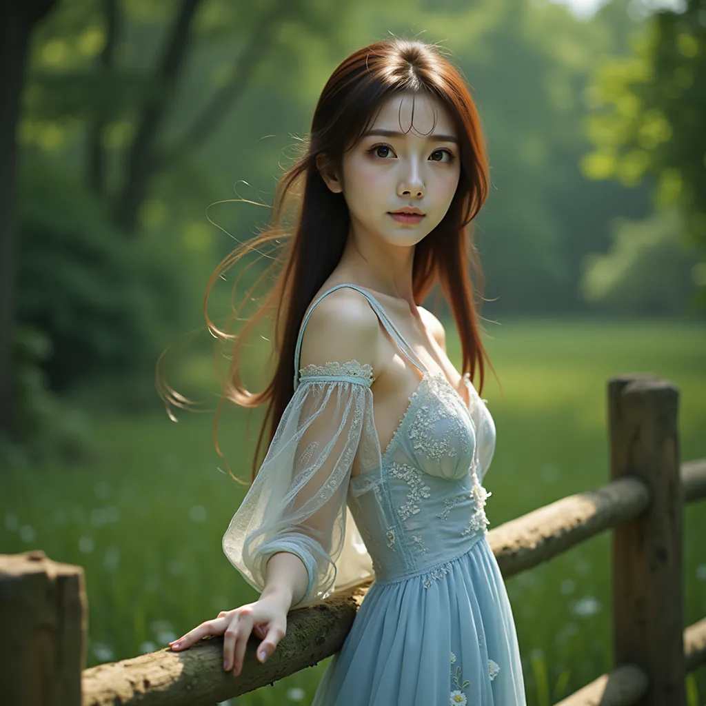 a photograph capturing a young east asian slender woman standing in a lush, natural outdoor setting, surrounded by greenery with...