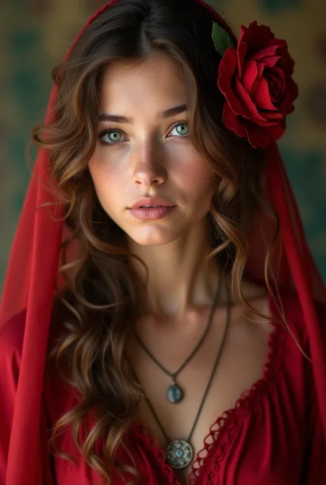  a close up of a gypsy girl with long curly hair and a flower in her hair, beautiful and attractive face, A beautiful young woman,  photo of a beautiful girl , beautiful and attractive face, beautiful portrait photo ,  soft portrait taken in 8k , beautiful...