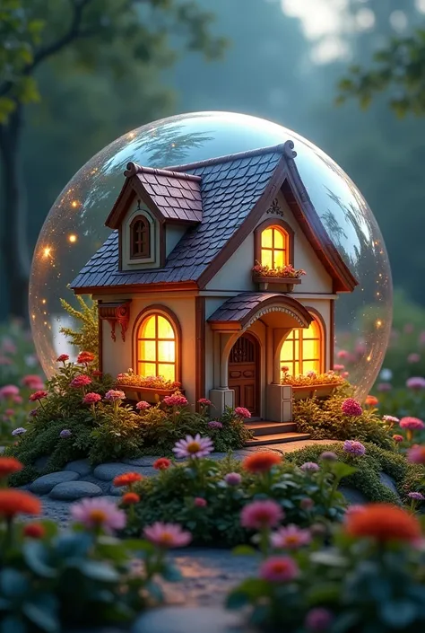 A charming mini house with vintage architecture surrounded by vibrant flowers and greenery at night, a gentle light radiating from inside the house, encased in a sparkling bubble, with detailed reflections of the surrounding nature on the bubbles surface, ...