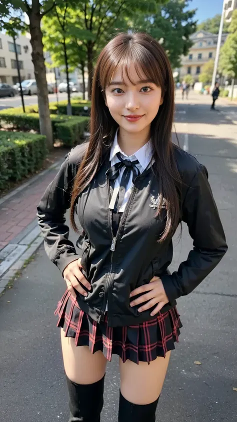 (8k、raw photo、best quality、masterpiece:1.2)、(realistic、realistic)、1 person、((black jacket、 long hair 、uniform、 plaid mini skirt ...