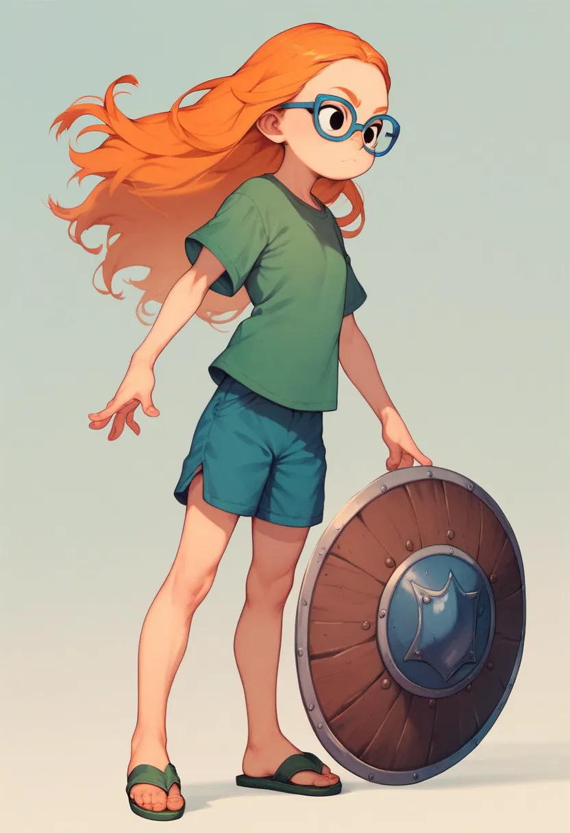 mertleedmondslsxl, girl, , black eyes, orange hair, long hair, blue glasses, flat chest, green shirt, short sleeves, blue shorts...