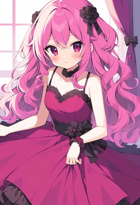 Chica anime, fuchsia pink hair , Black and red eyes,  Curly Hair ,  wine dress, pixel, only