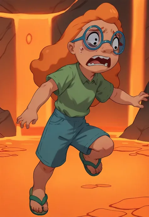 MertleEdmondsLSXL, MertleEdmonds, Mertle Edmonds, girl, , black eyes, orange hair, long hair, blue glasses, flat chest, green shirt, short sleeves, blue shorts, green sandals, lava pit, scared