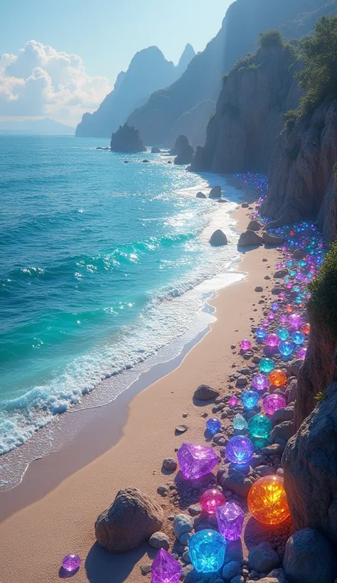 Crystal Coast: A stunning coastline adorned with iridescent gemstones.