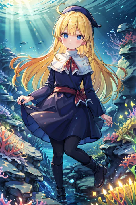 (8k,  super quality, masterpiece:1.2),  ultra high resolution, cute,  girl, solo, whole body, Puyo Puyos witch, Blonde, Blue Eyes , blue headwear ,  blue based robe,  red ribbon,  White Capelet , Ahoge,  long skirt , In the sea, Underwater theme , Undersea...