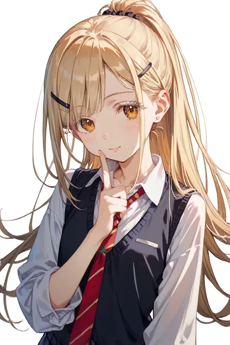 shinosawa hiro,slender, Amber Eyes ,White eyelashes, blond hair,Long Hair, hair clip that invites you with your hand,White background, flat chest,tie,Black vest, ponytail,