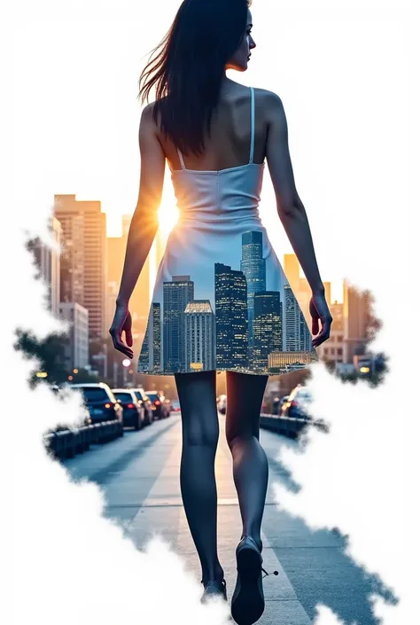 high resolution photography, cinematography, this work uses double exposure photography to cleverly integrate the silhouette of a woman, silhouetted against a brightly lit city，Three-dimensional leap, optical illusion, rich layers, picture suspension, dime...