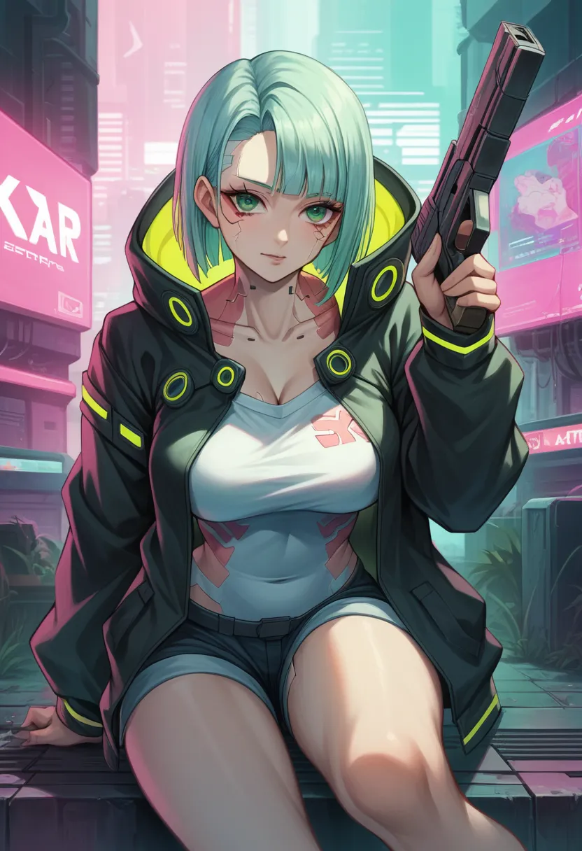 a woman with green eyes and a black jacket holding a gun (jvpc) , cyberpunk anime art, chica anime cyberpunk, best anime 4k kona...