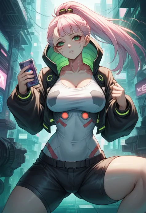 a woman with green eyes and a black jacket holding a (jvpc) , cyberpunk anime art, chica anime cyberpunk, best anime 4k konachan...