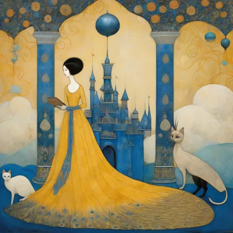 Art style by Klimt, Sam Toft, Florine Stettheimer, Dina Wakley, Catrin Welz-Stein, Gabriel Pacheco, Elisabeth Fredriks. An elegant tall woman in a long, saffron yellow coloured dress decorated with intricate blue motifssits on a blue cloth covered with int...